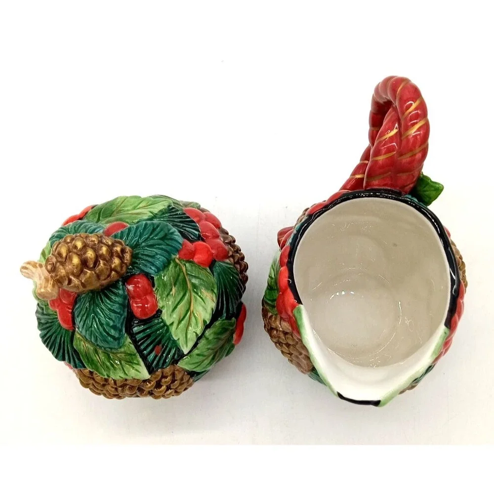 Vintage Fitz & Floyd Classics Holiday Pine Ceramic Creamer & Covered Sugar Bowl